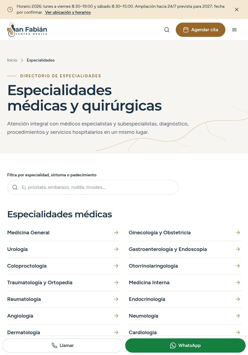 Especialidades de Centro Médico San Fabián en tablet