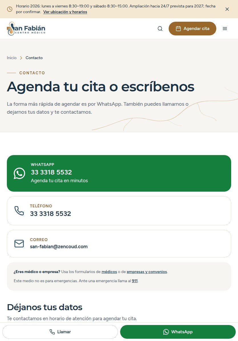 Contacto de Centro Médico San Fabián en tablet