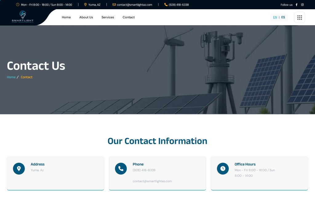 Pagina de Contacto del sitio SmartLight Home Improvements