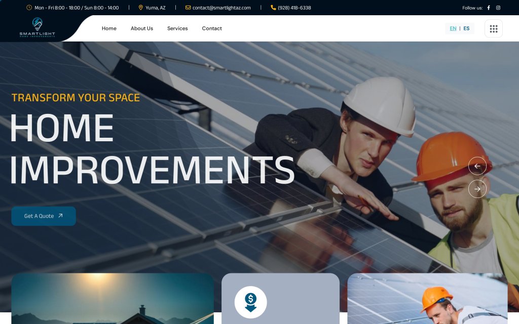 Pagina de inicio del sitio SmartLight Home Improvements, energia solar